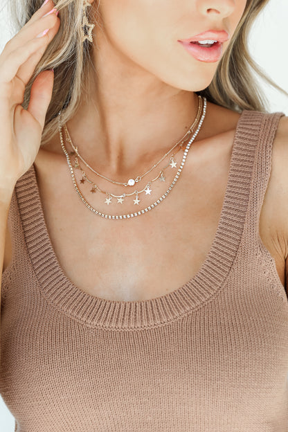 Gold Star + Rhinestone Layered Necklace on model