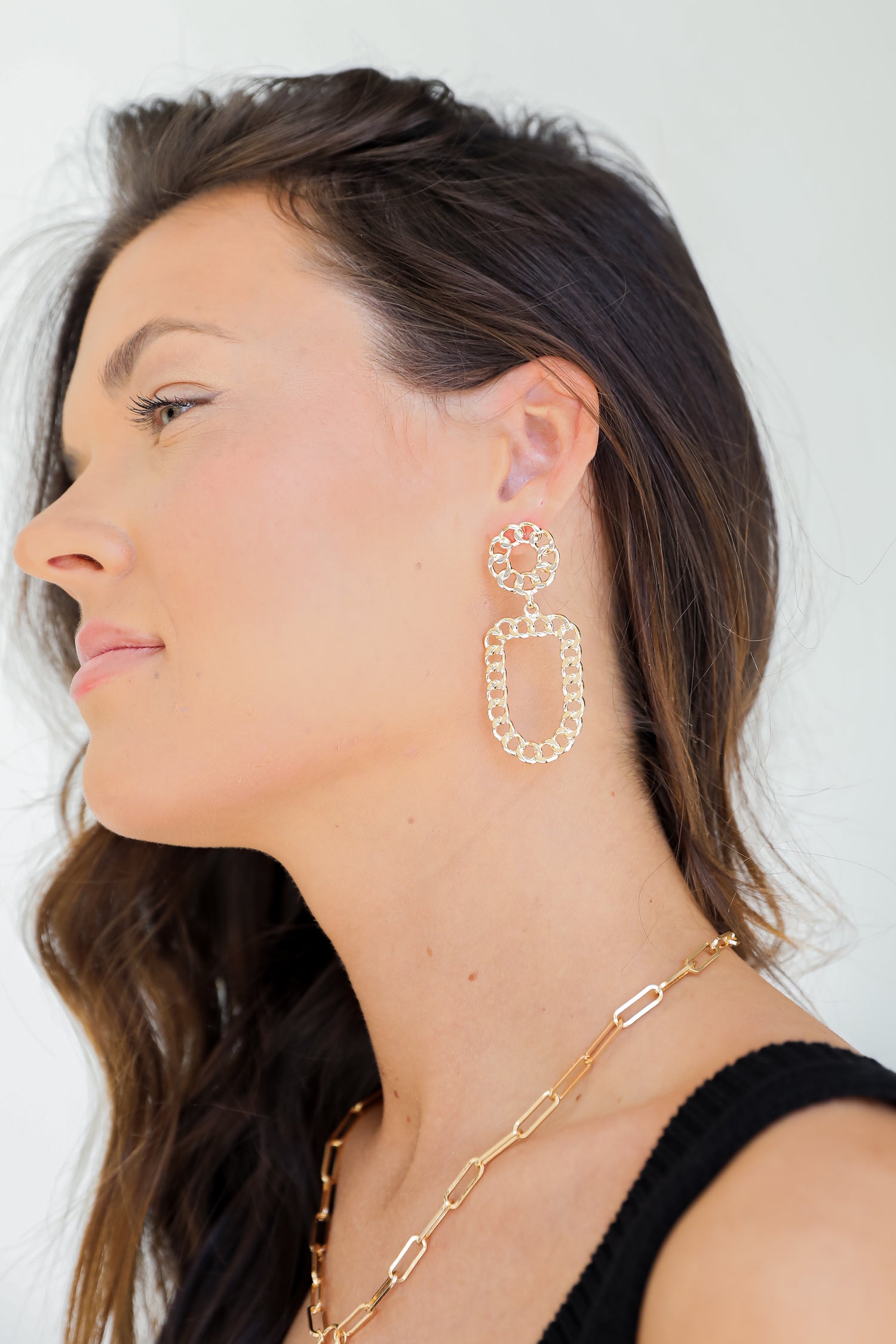 Gold Chain Drop Earrings on model