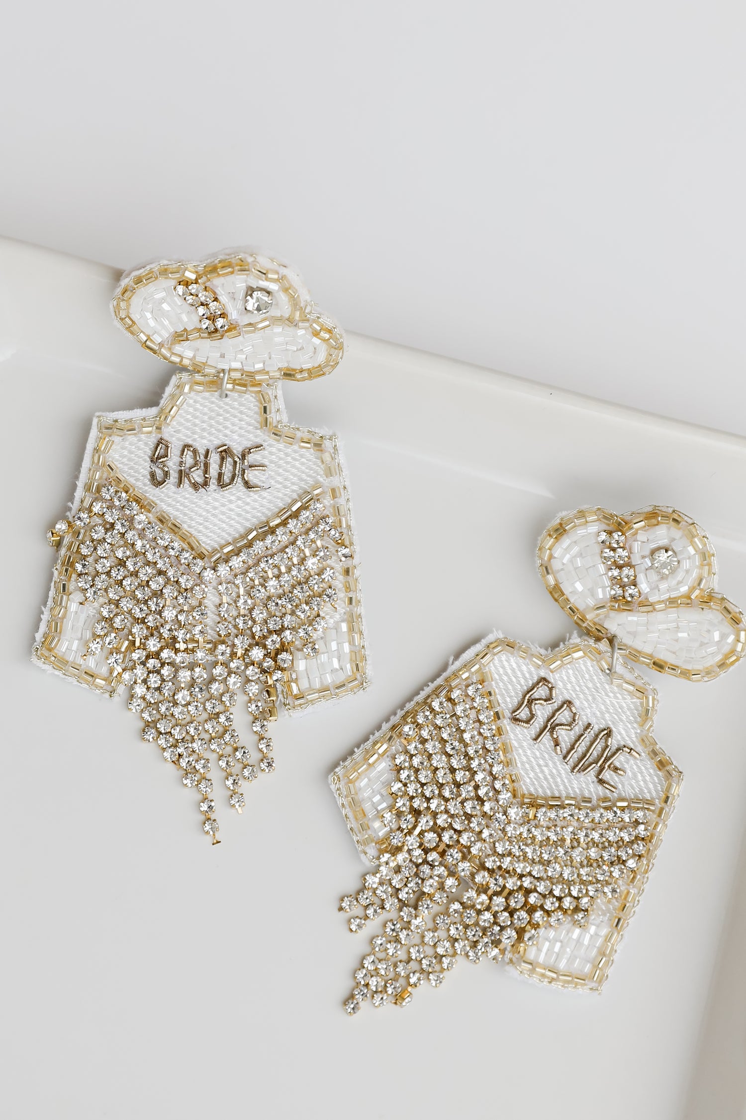 white Cowgirl Bride Beaded Rhinestone Fringe Earrings