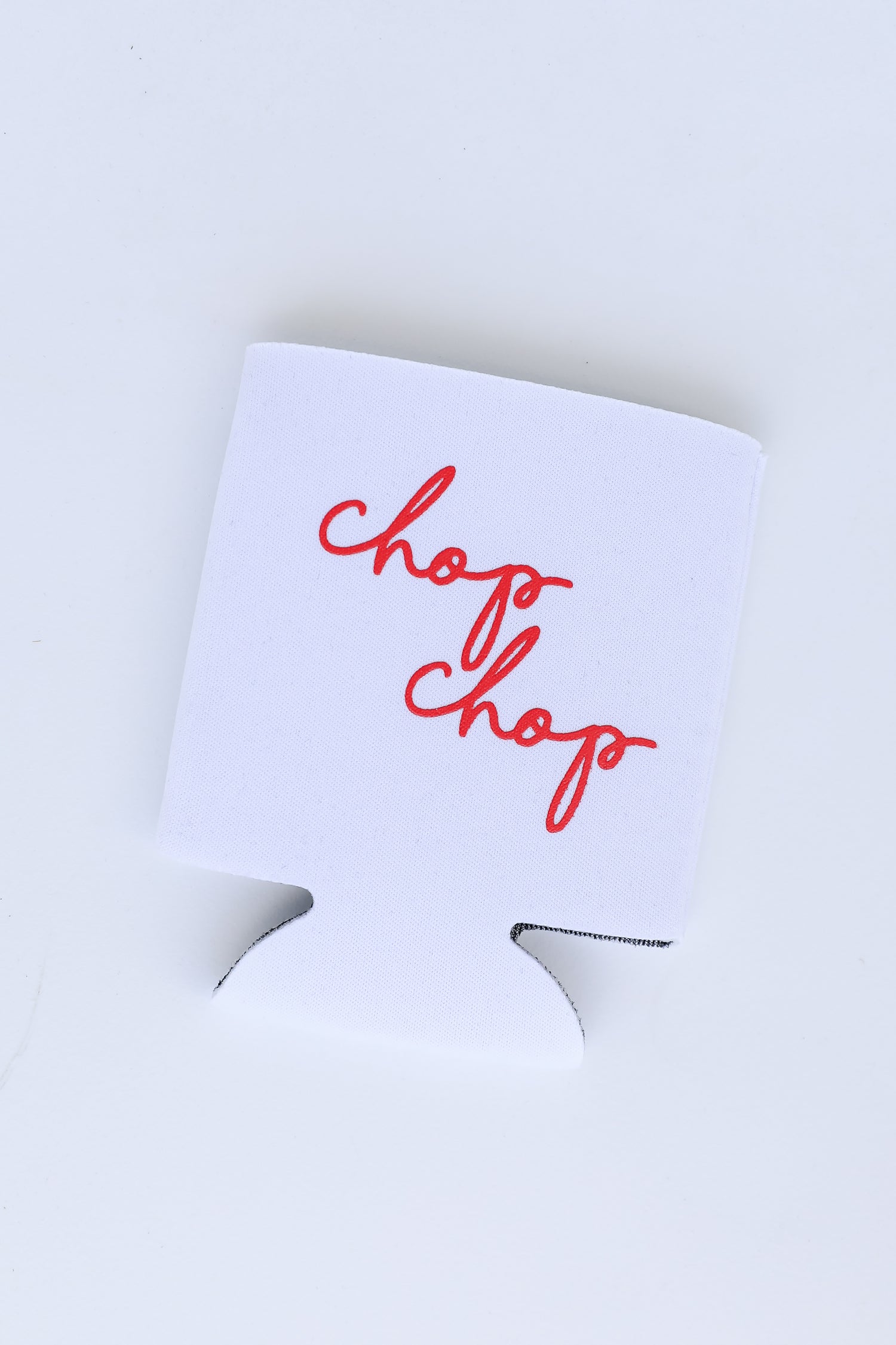 Chop Chop Script Koozie in white flat lay