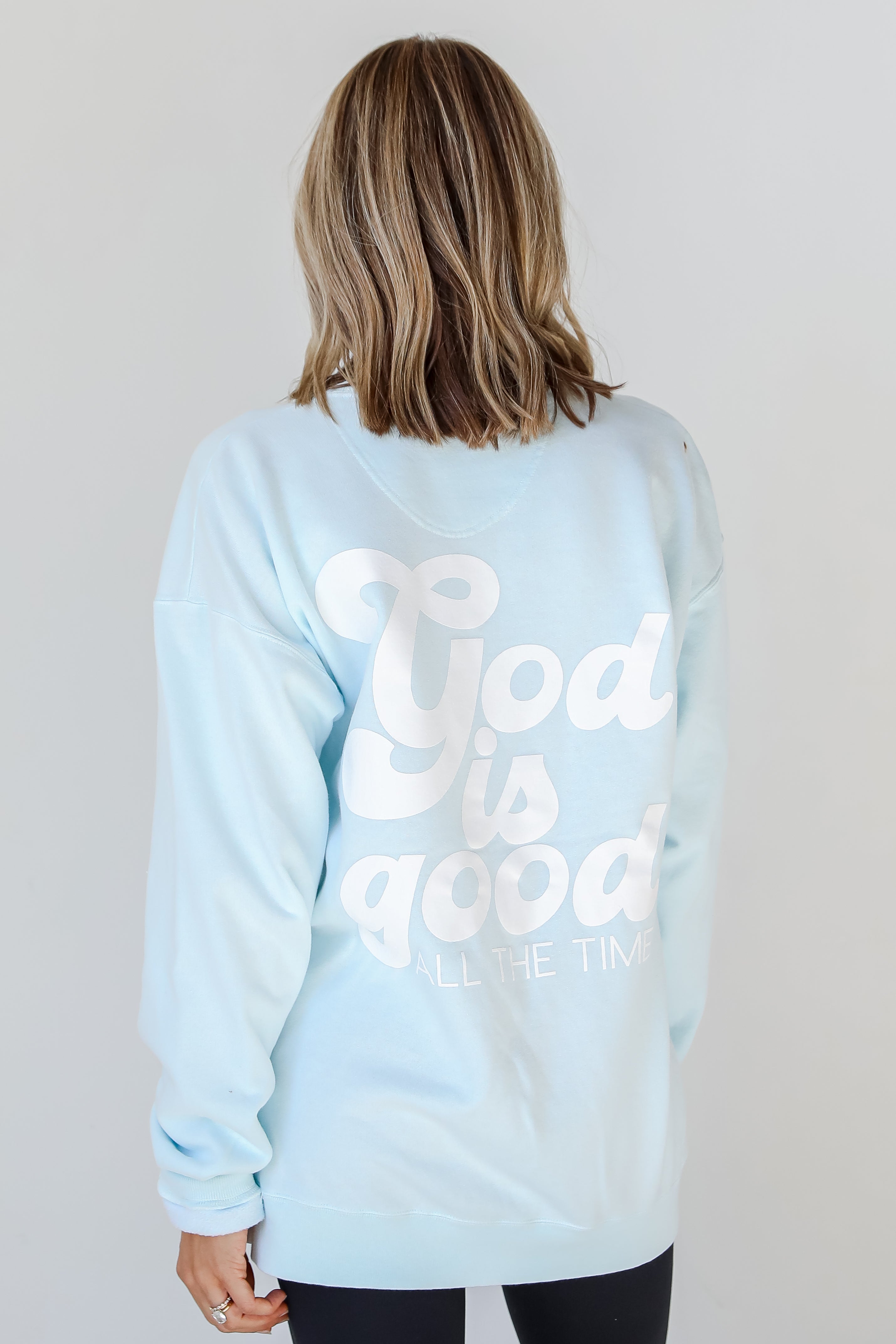 Light Blue God Is Good Cross Pullover back view