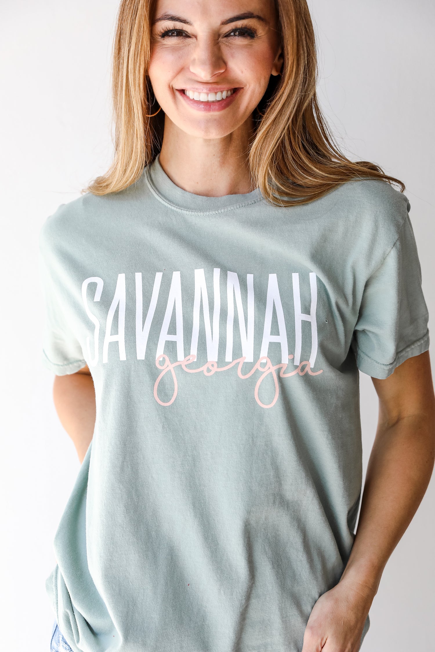 Sage Savannah Georgia Script Tee on model