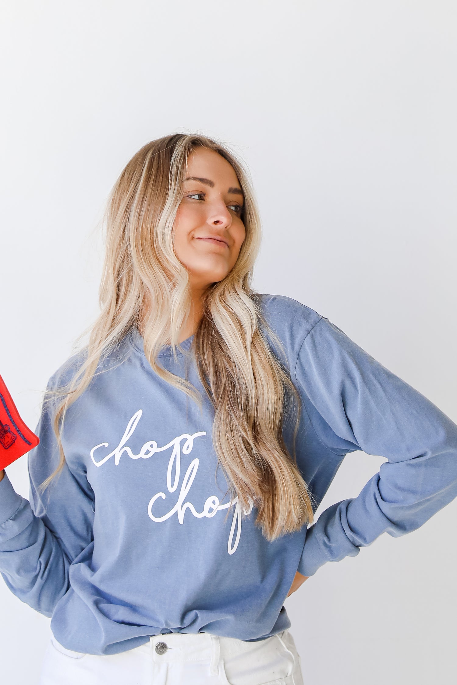 Chop Chop Script Long Sleeve Tee on model