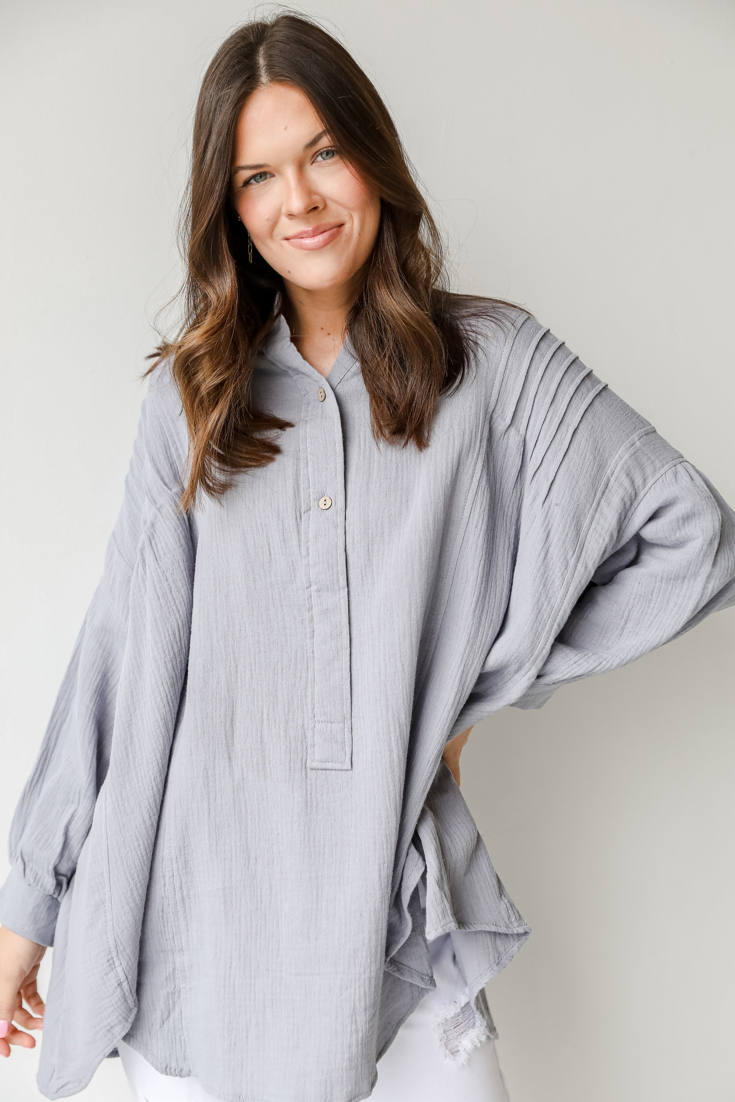 Oversized Linen Tunic in denim on model