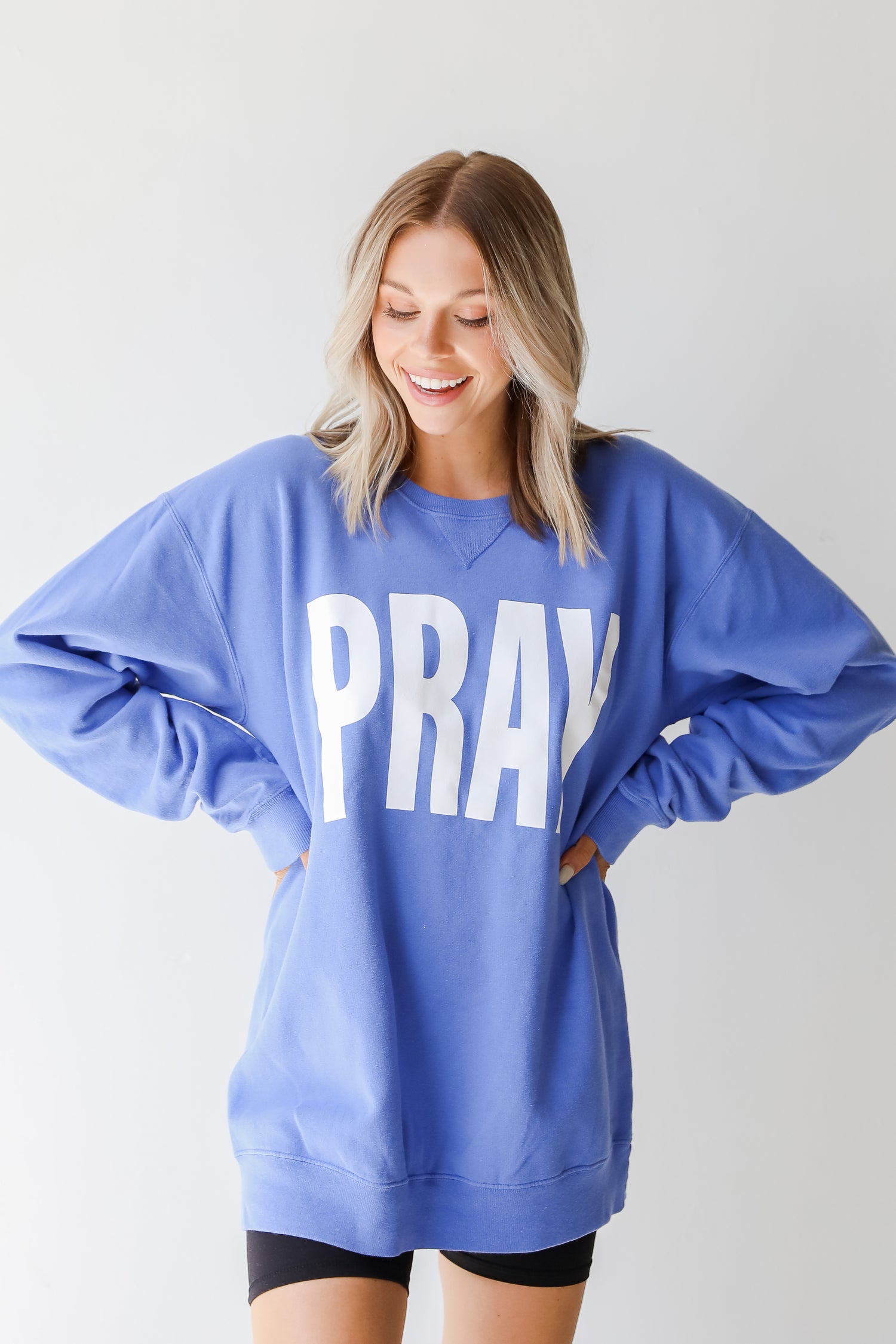 Purple Pray Pullover on model