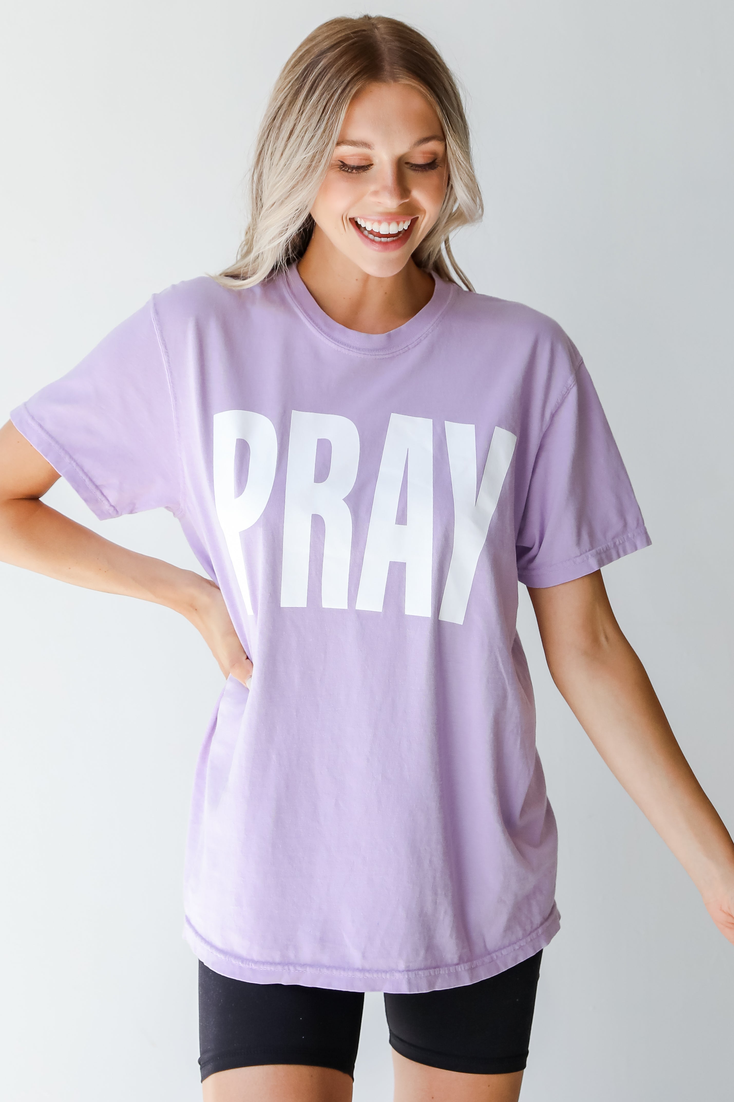 Lavender Pray Tee close up