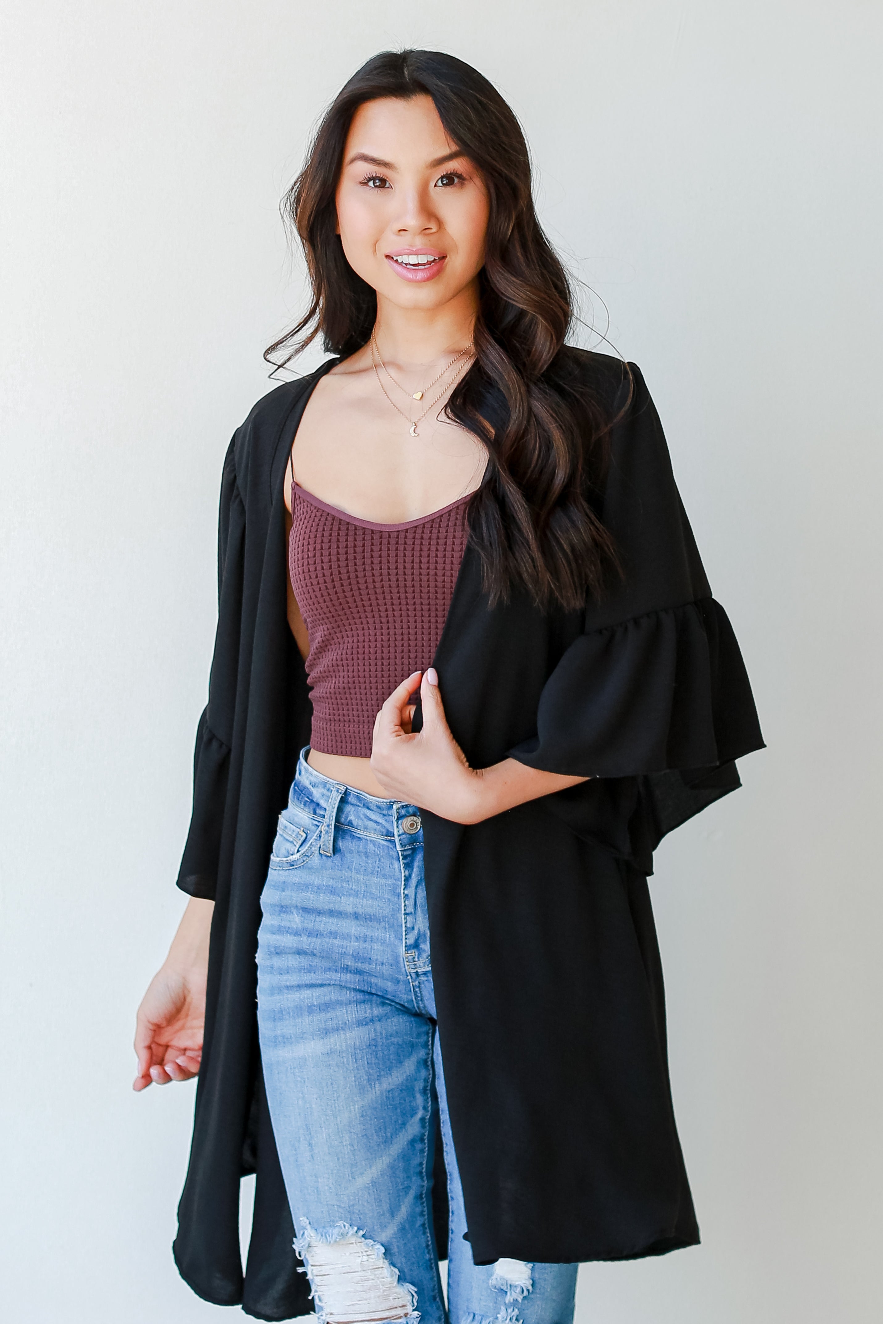 Ruffle Kimono in black front view