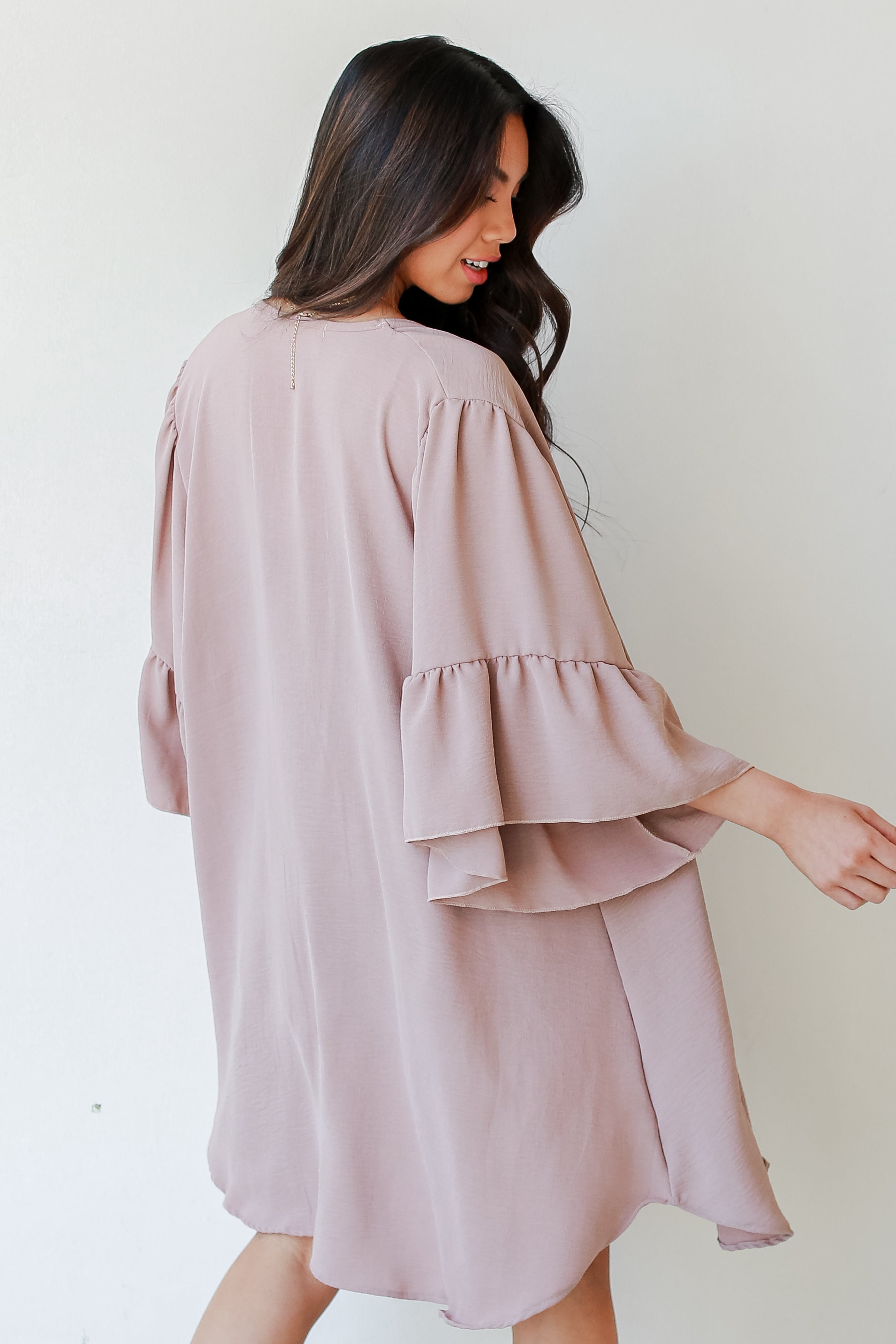 Ruffle Kimono in taupe back view