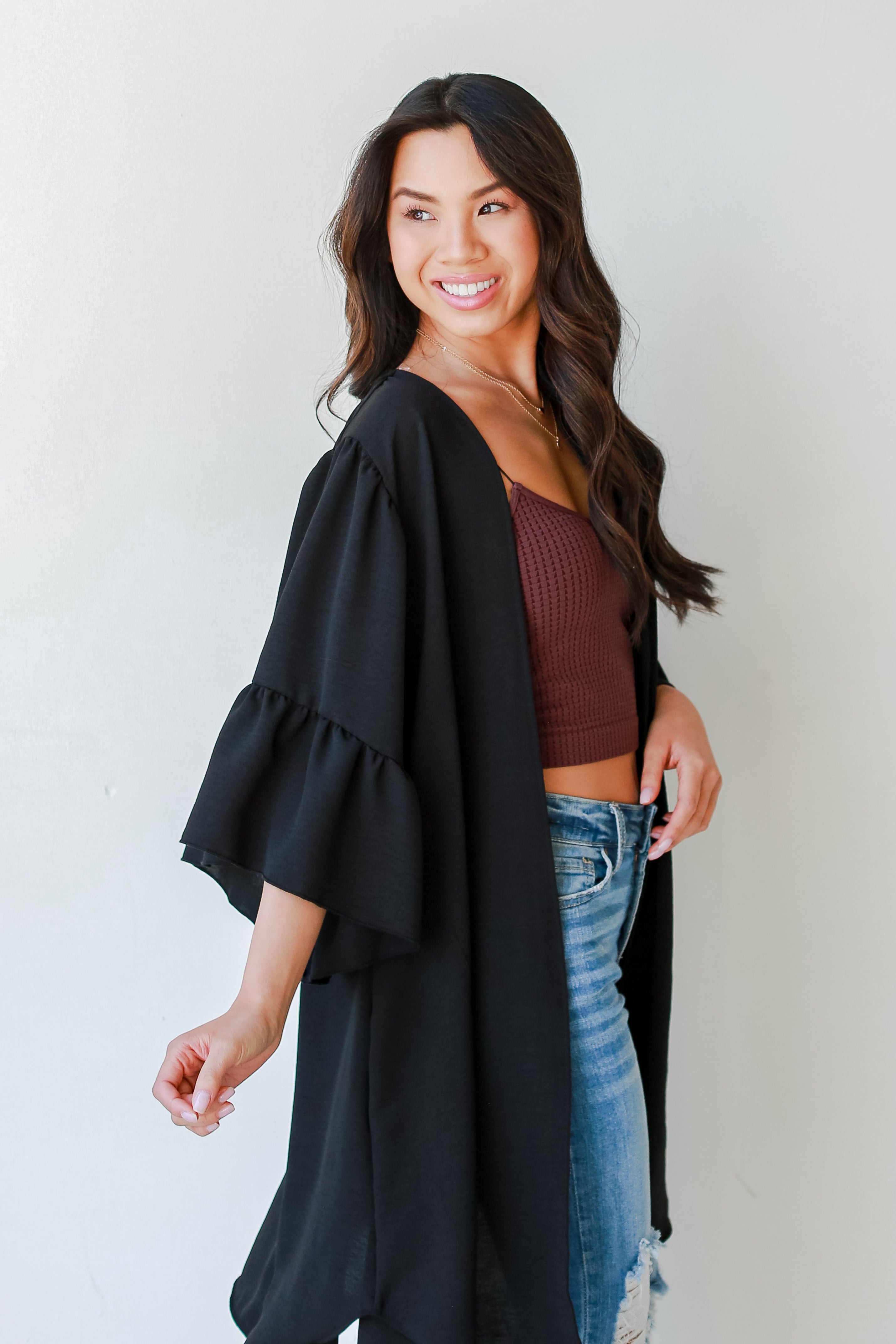 Ruffle Kimono in black side view