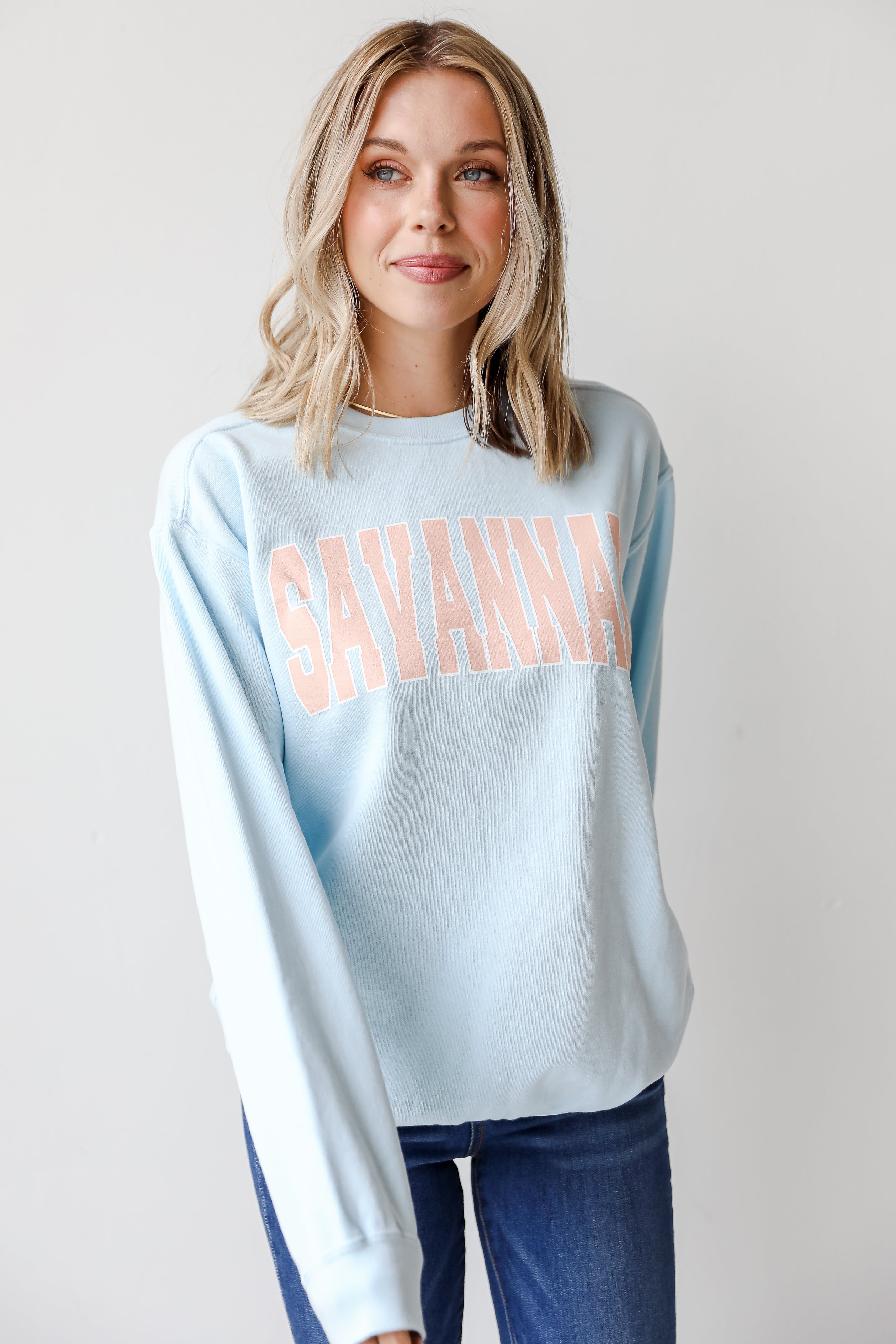 Light Blue Savannah Pullover on model