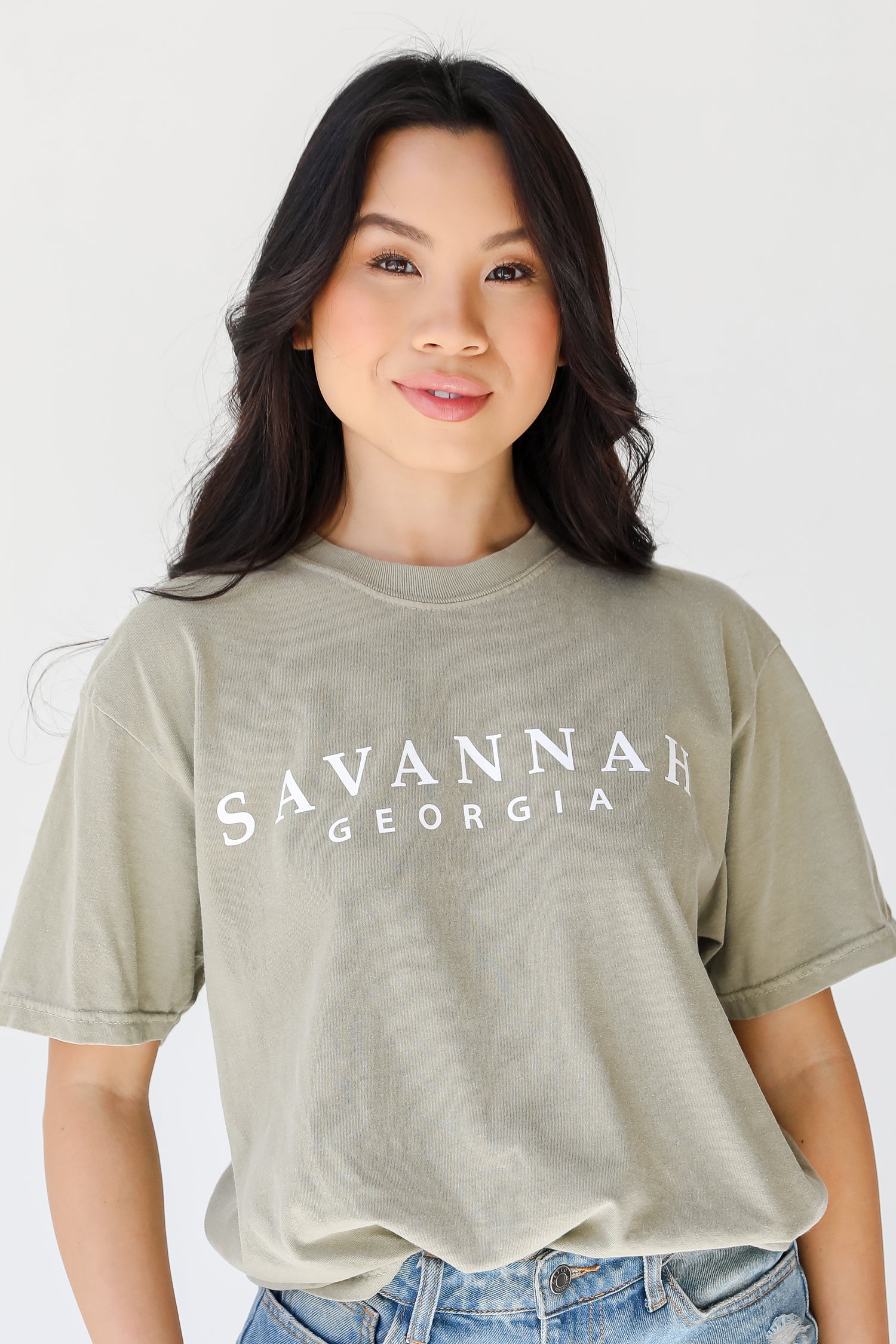 Light Olive Savannah Georgia Tee on model